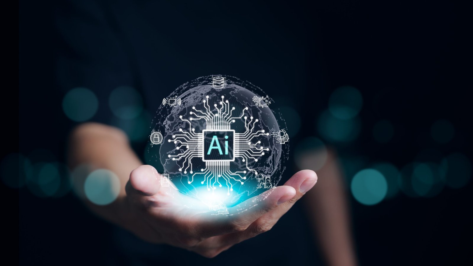 A person holds a glowing digital sphere displaying a microchip with 'AI' in the center, symbolizing artificial intelligence technology and ChatGPT advertising.