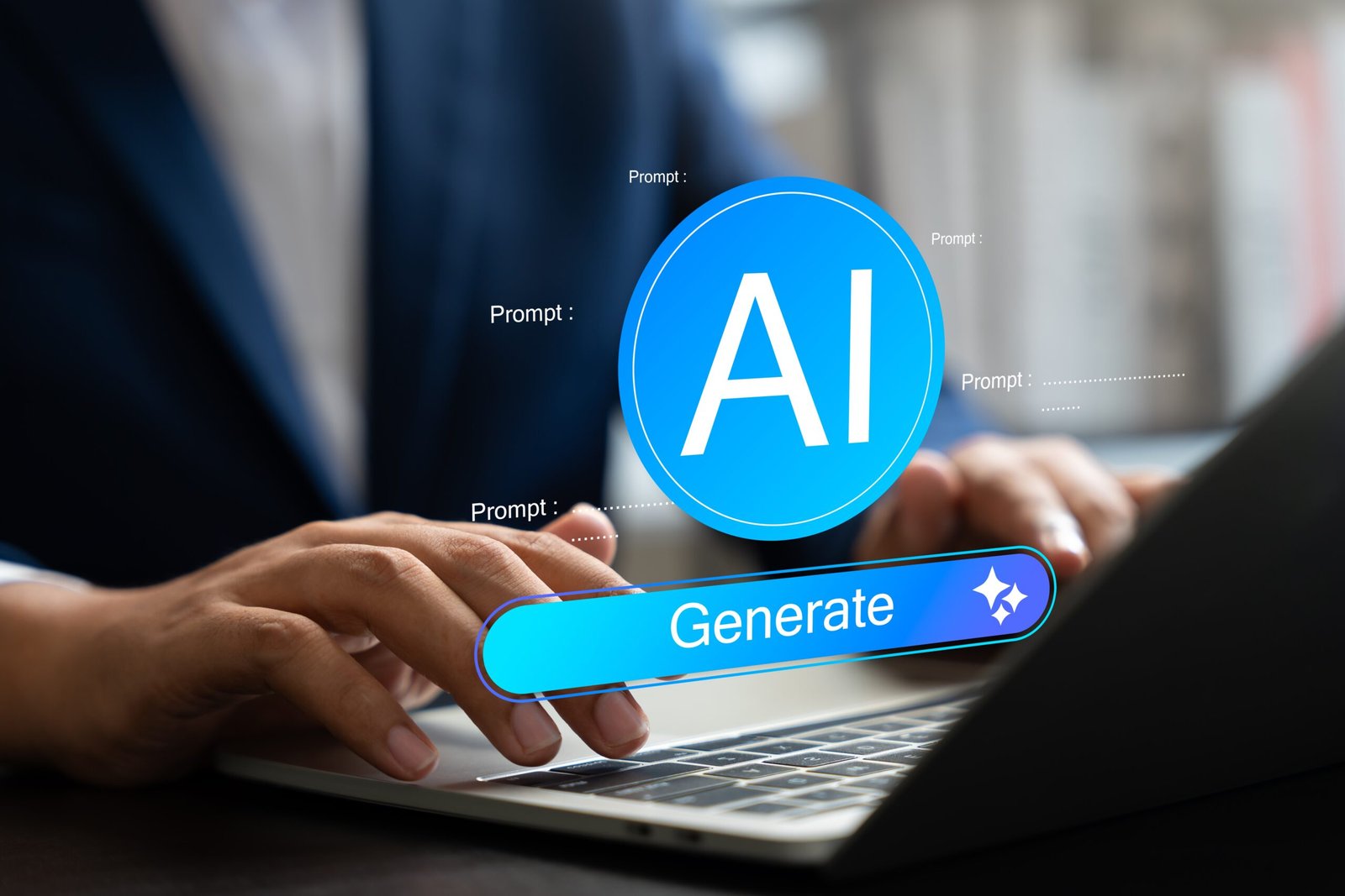 A person uses a computer with virtual icons displaying 'Ads,' charts, AI, ChatGPT, email, and shopping carts, illustrating digital advertising management and marketing analytics services.
